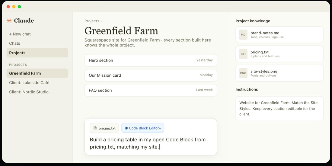 A Claude project for a Squarespace site, with project knowledge and a prompt: build a pricing table in my open Code Block from pricing.txt, matching my site.